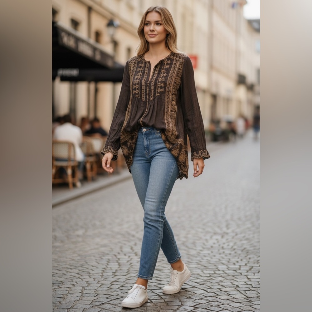 JOHNNY WAS Dark Brown Tunic with tonal embroidery and lace, M